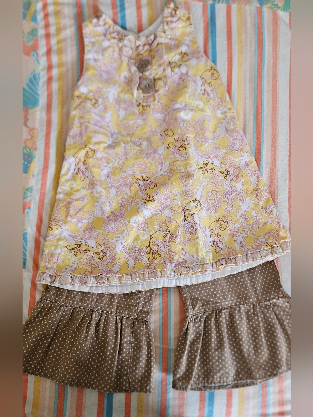 Girls' Yellow Paisley Top and Brown Polka Dot Ruffle Pants Matching Set